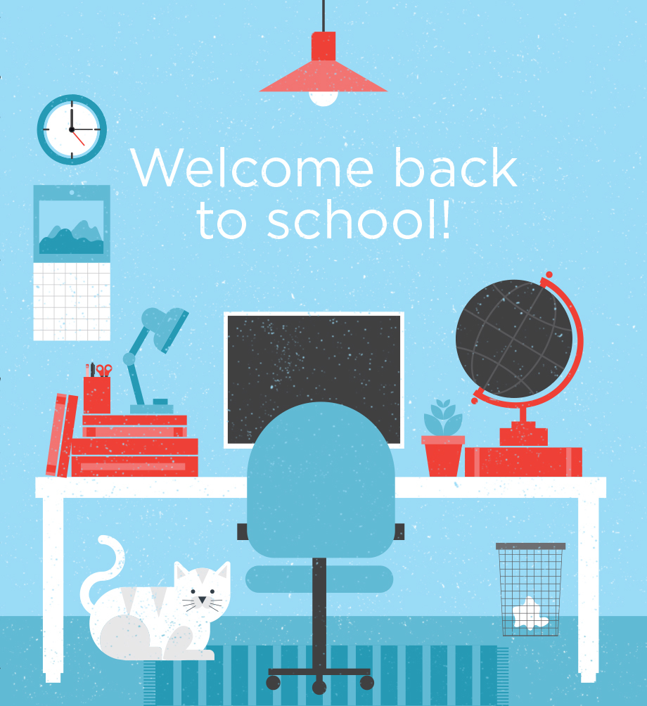 Desk illustration with computer, globe and books on it and a cat lying underneath it. Text: Welcome back to school.