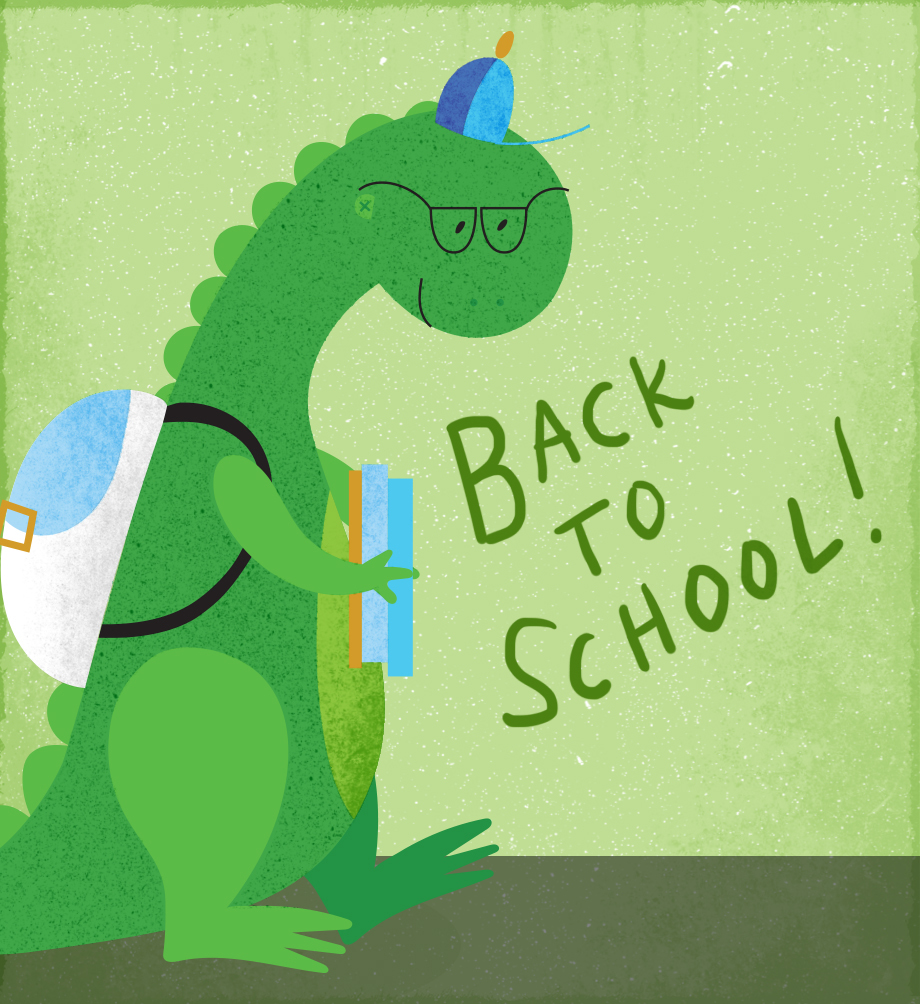 Illustration of dinosaur wearing a backpack, hat and glasses and holding books. Text: Back to school.
