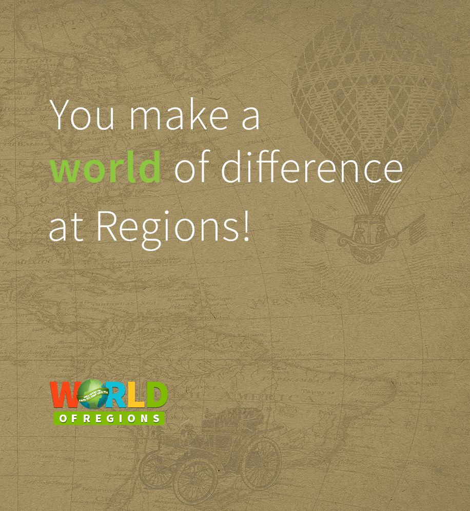 Antique map with text overlay that reads "You make a world of difference at Regions".