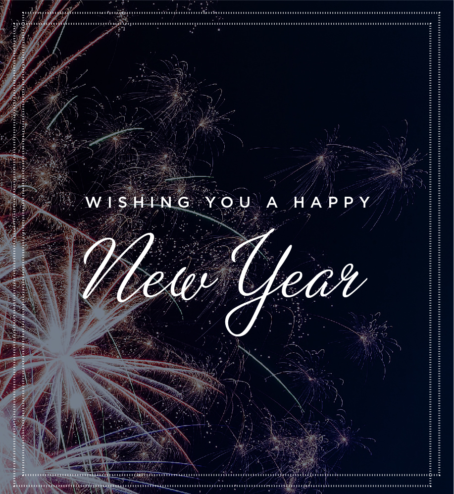 Fireworks with text overlay that reads "Wishing you a happy New Year".