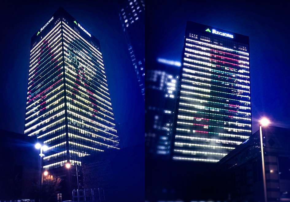 Regions Center lighting at Christmas