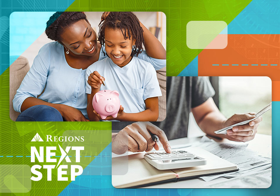 photos of woman and child with piggy bank, and man...