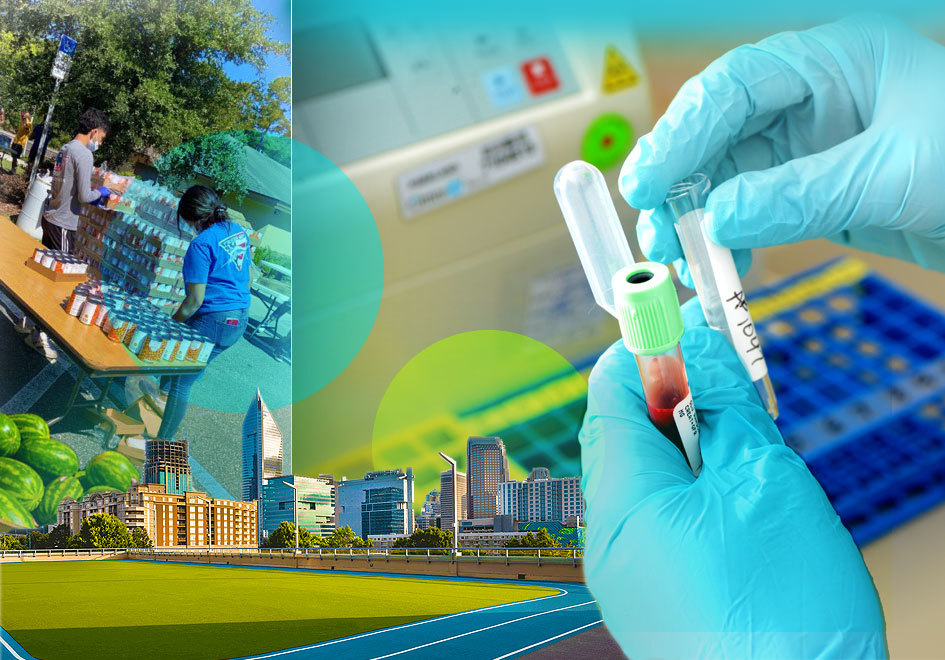 collage of community volunteers and gloved hands holding medical vials