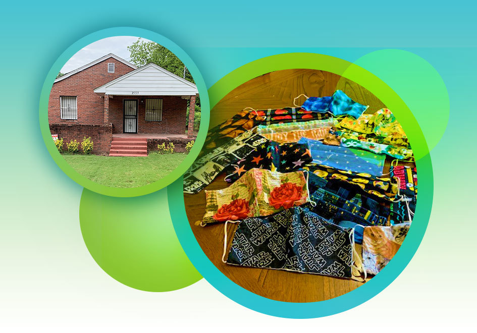 photos of a house and face masks