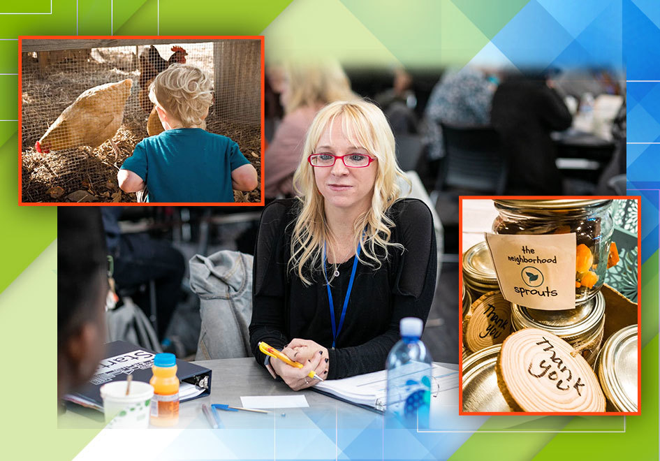 woman with product sample and photo of chicken coop