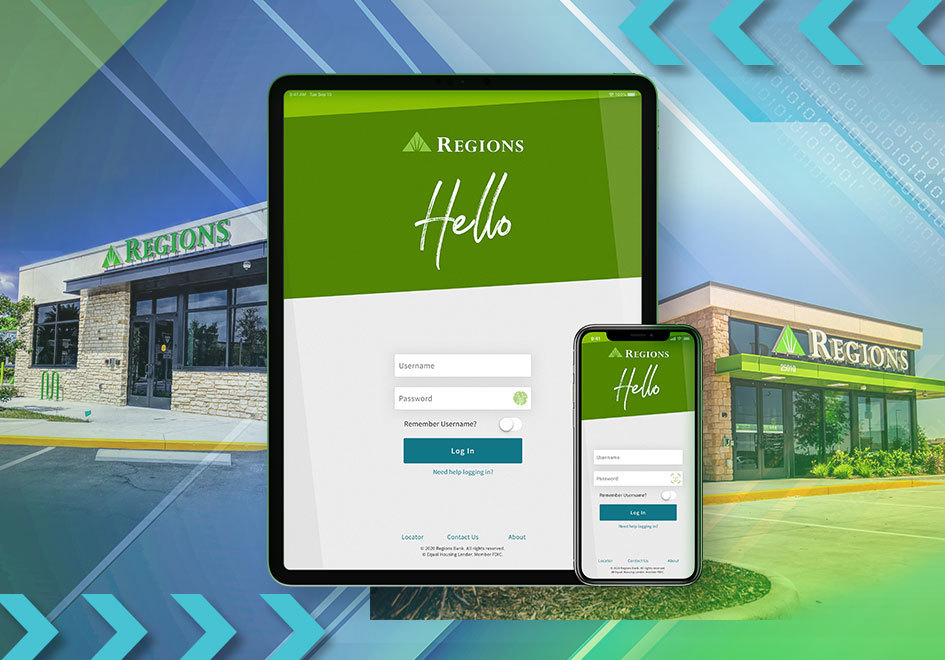 collage of Regions bank branch and mobile devices displaying mobile...