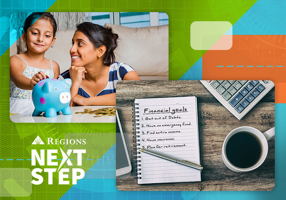 collage of money-saving imagery