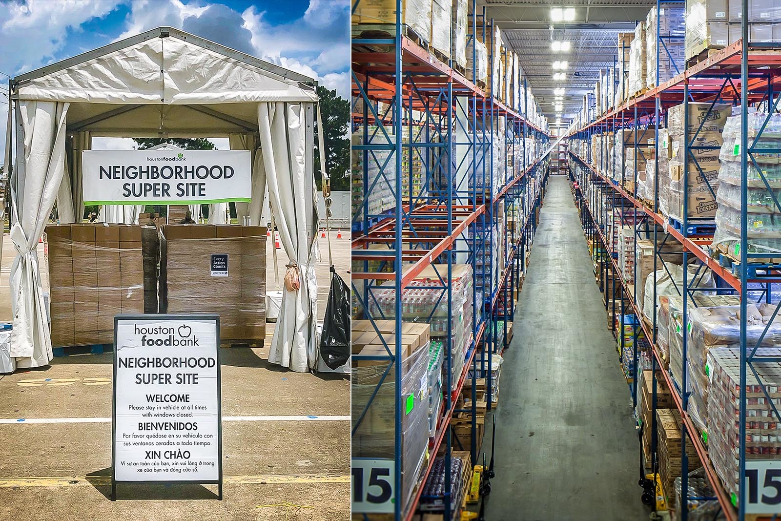 The Houston Food Bank works with pantry partners to host super site events around the city. With many supermarkets cleared out by consumer buying during COVID-19, food banks have been purchasing items to keep shelves stocked. 