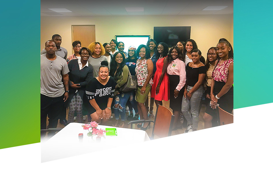 Members of Tennessee State University’s Alpha Kappa Alpha sorority smile for the cameras after a Regions financial education seminar in 2018.