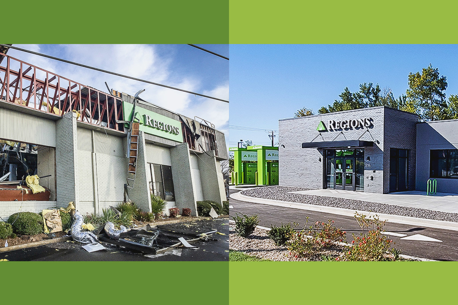 Regions is a longtime member of the North Nashville community. The bank’s North Nashville branch (left) was destroyed in the March 2020 tornado, and the bank is finalizing plans for a new North Nashville branch while serving customers from a modular facility on-site.