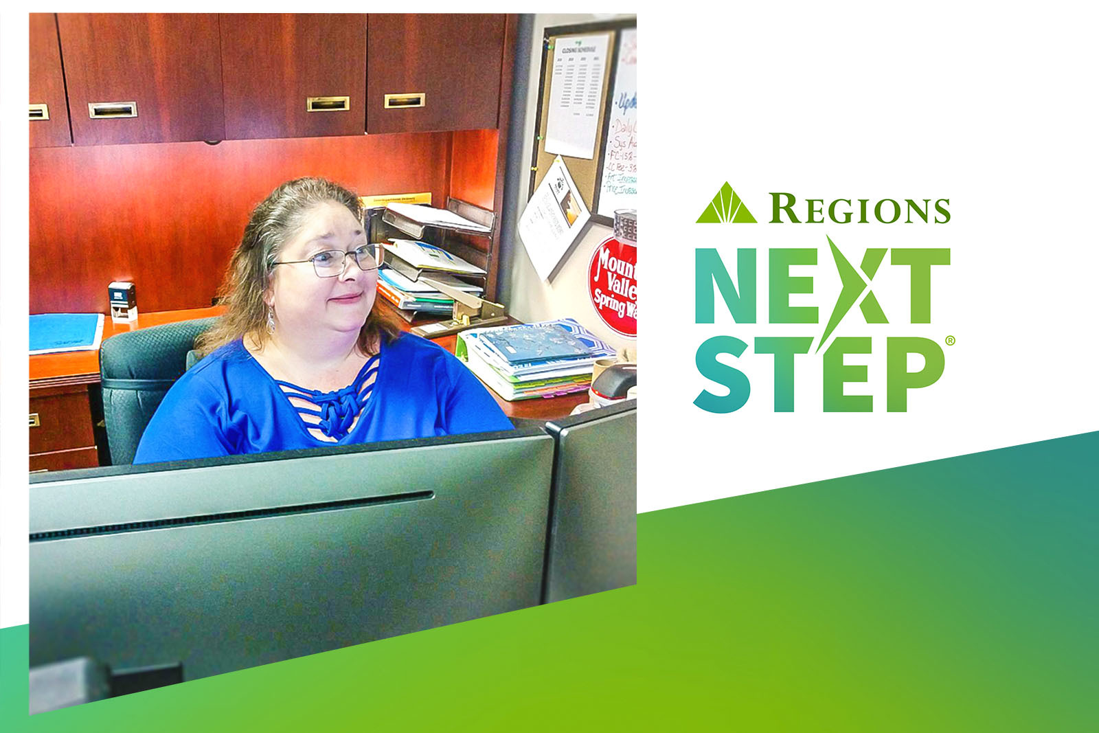 photo of woman behind computer, with the Regions Next Step...
