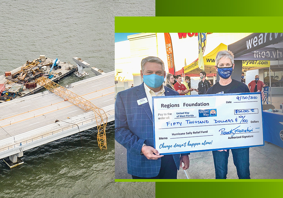 Scott Barrow, Regions market executive in Pensacola, left, presents a...