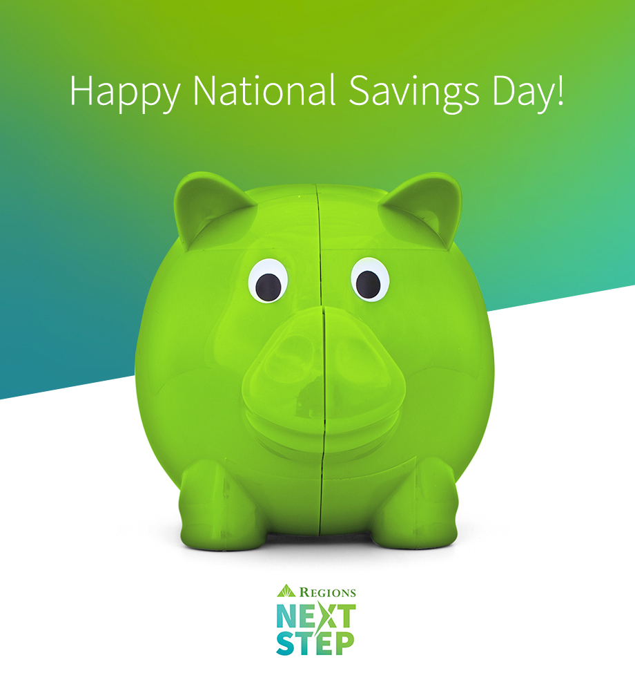 Piggy bank. Text: Happy National Savings Day.