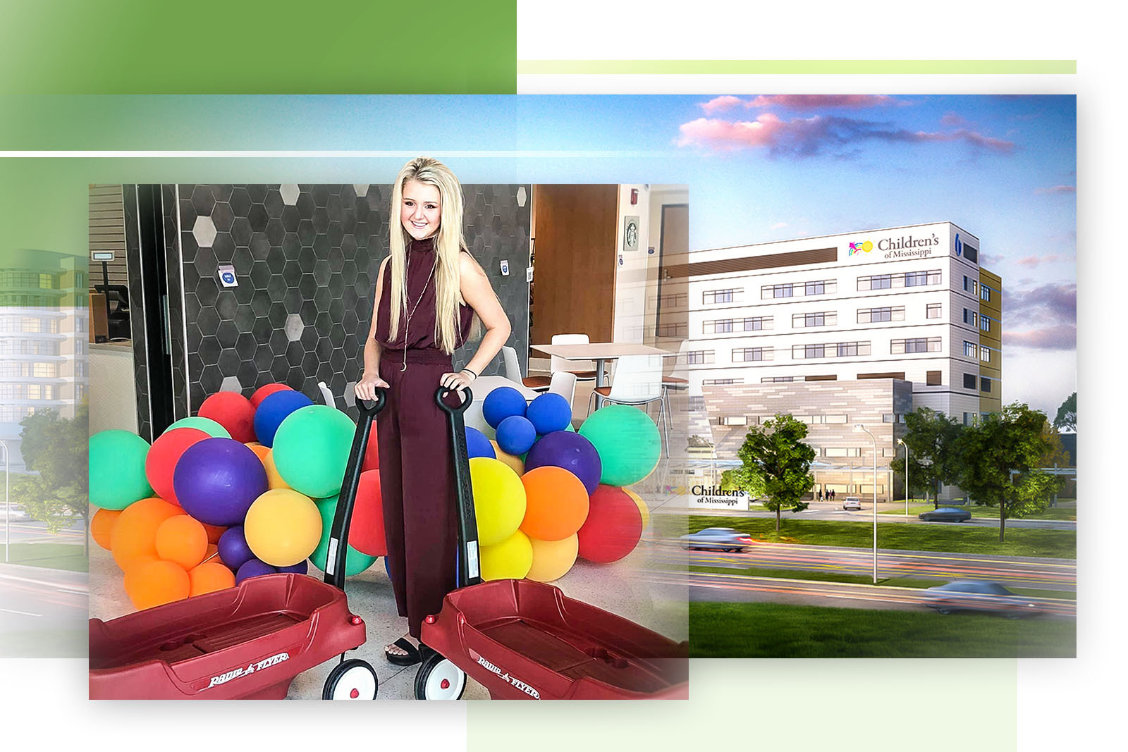 female with balloons and two wagons