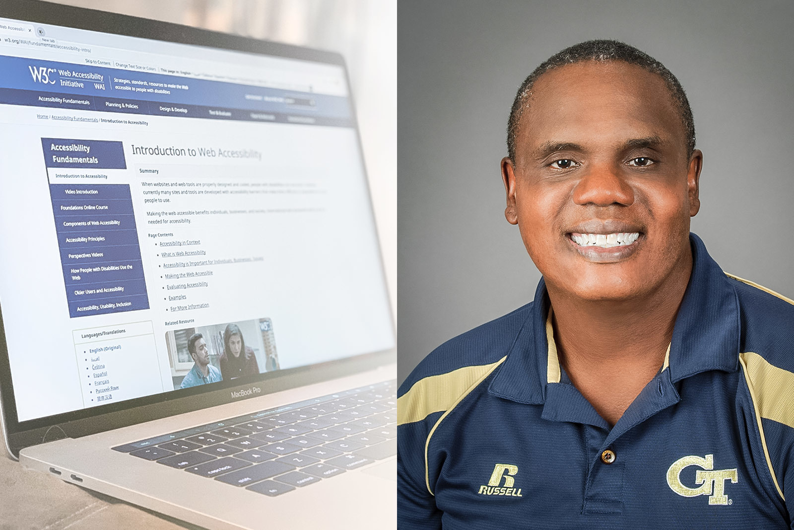 photos of a laptop and a man smiling at camera