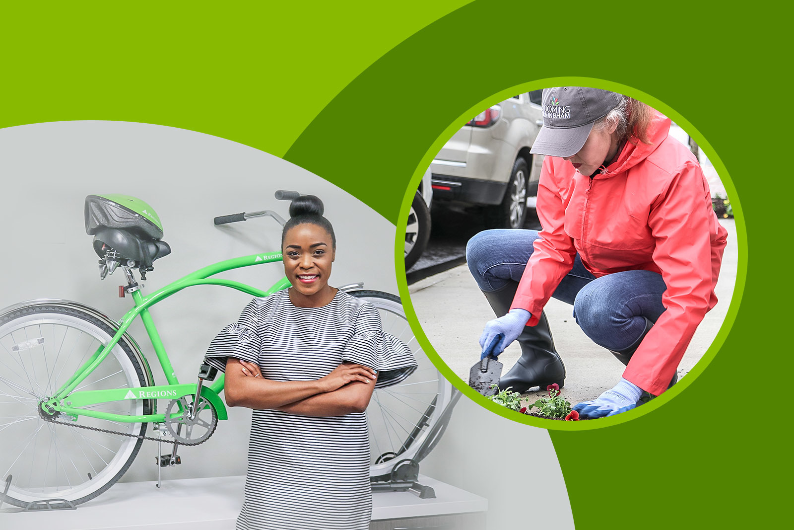 photos of woman with bike and woman planting