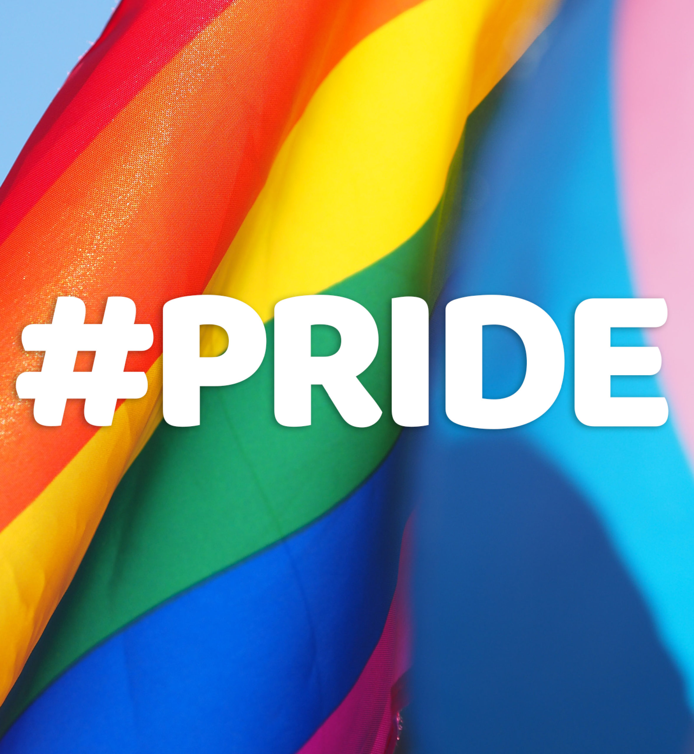 Close up of Pride flag. Text: #Pride.