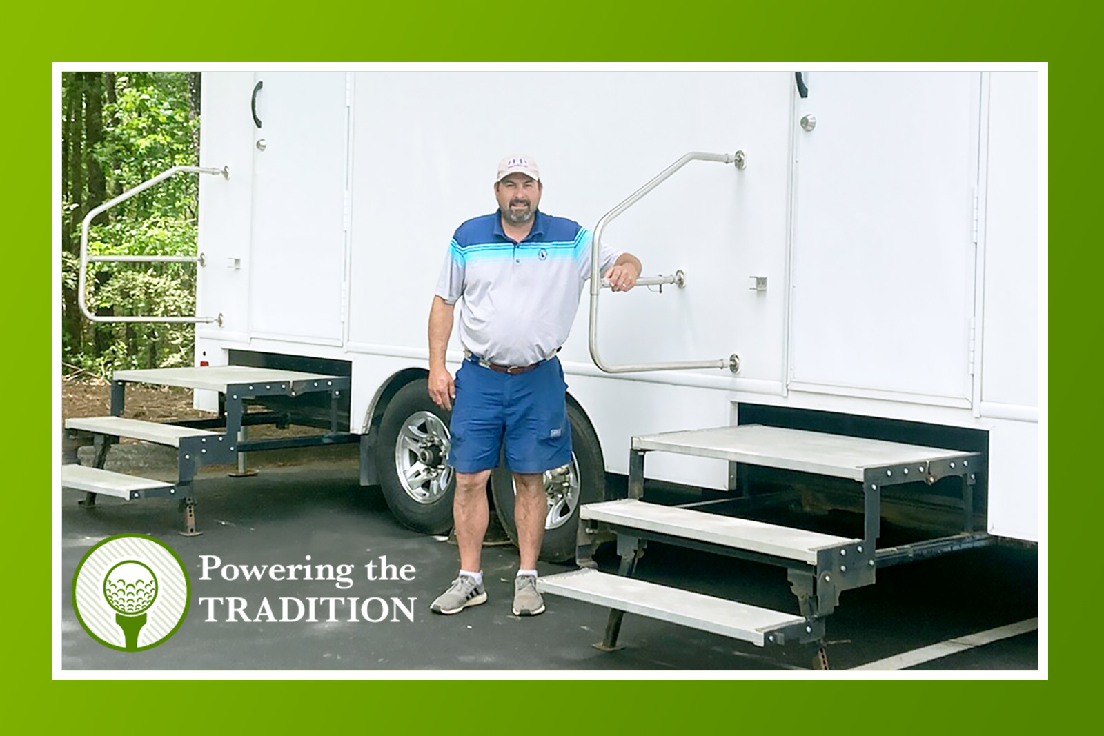 man holding railing of trailer building