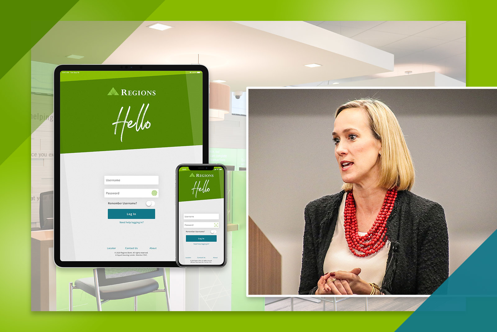 photos of mobile devices and Regions Bank executive