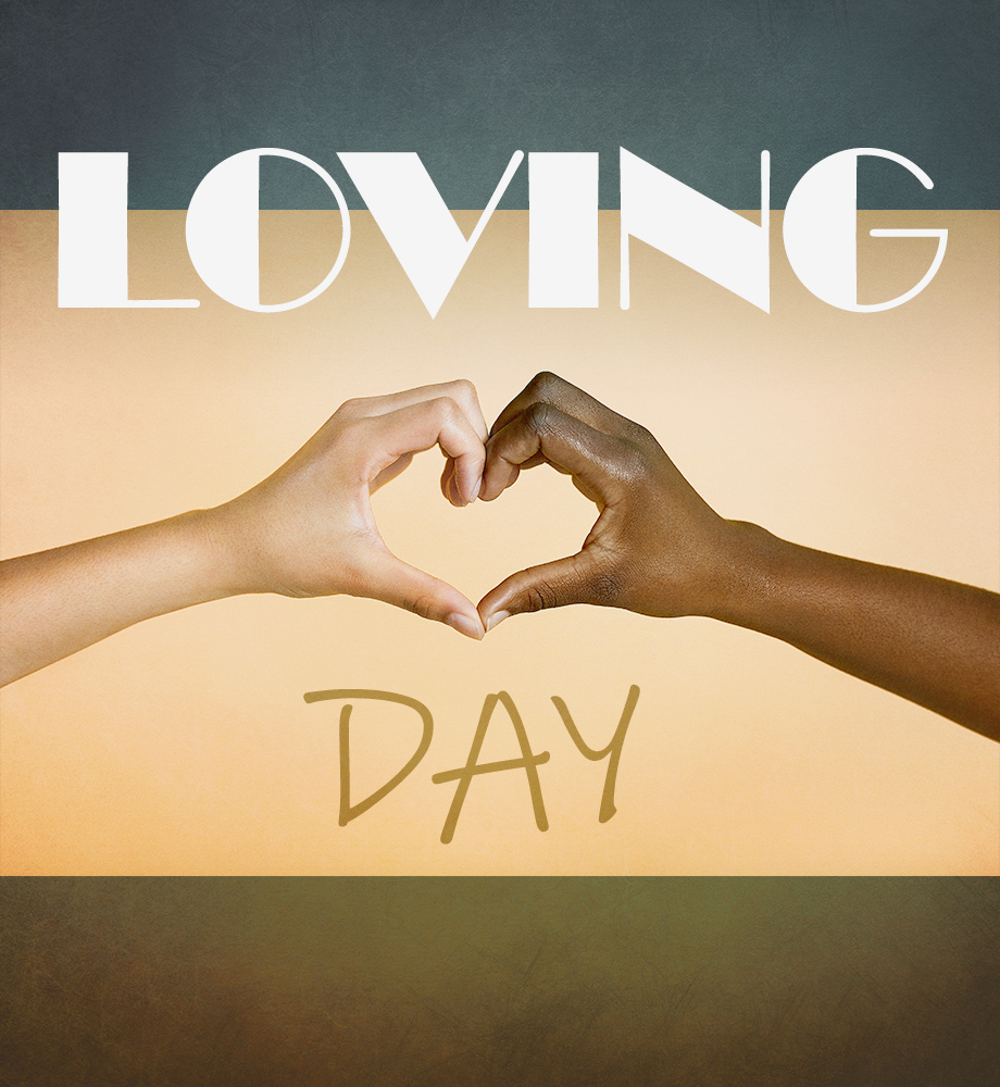 Interracial couple making hand heart. Text: Loving Day.