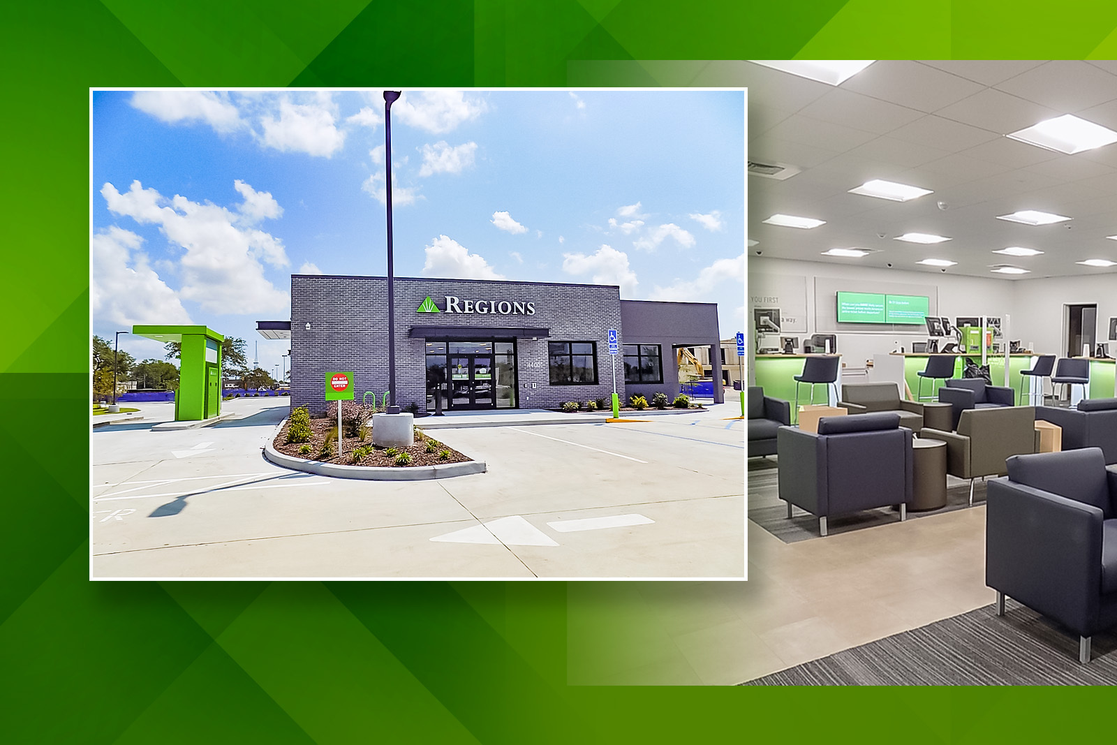 Regions bank branch exterior and interior
