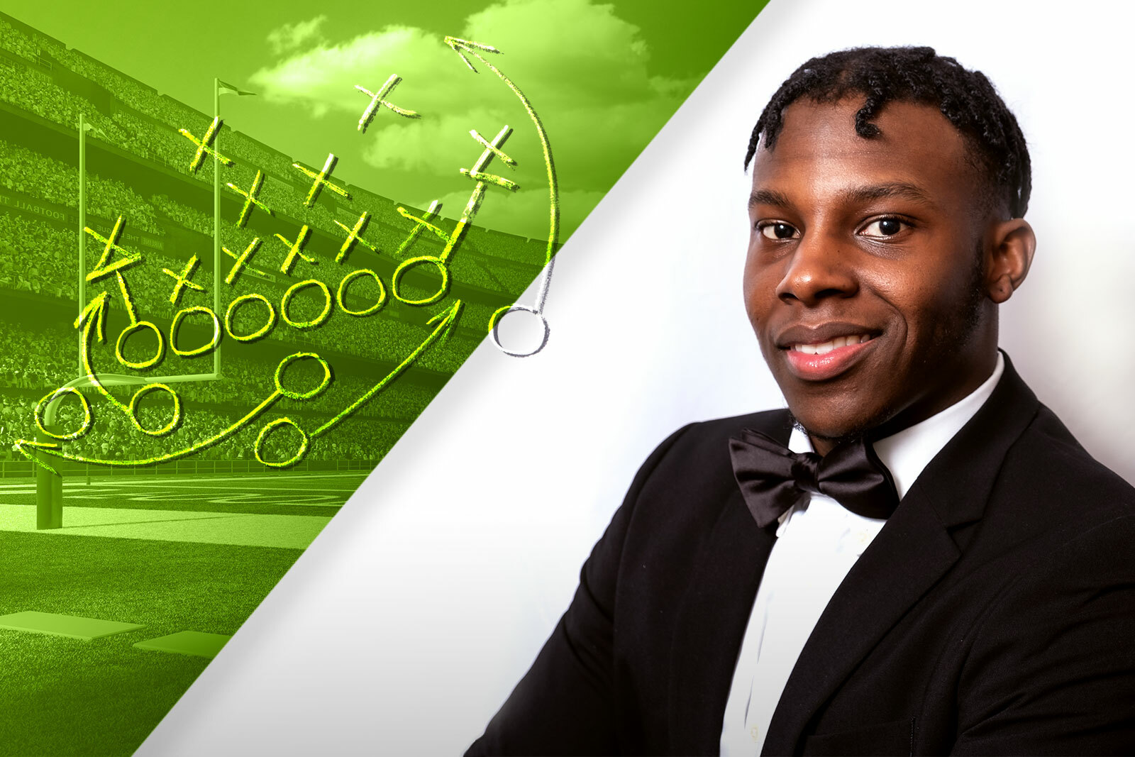 black teen in tuxedo, with football play diagram