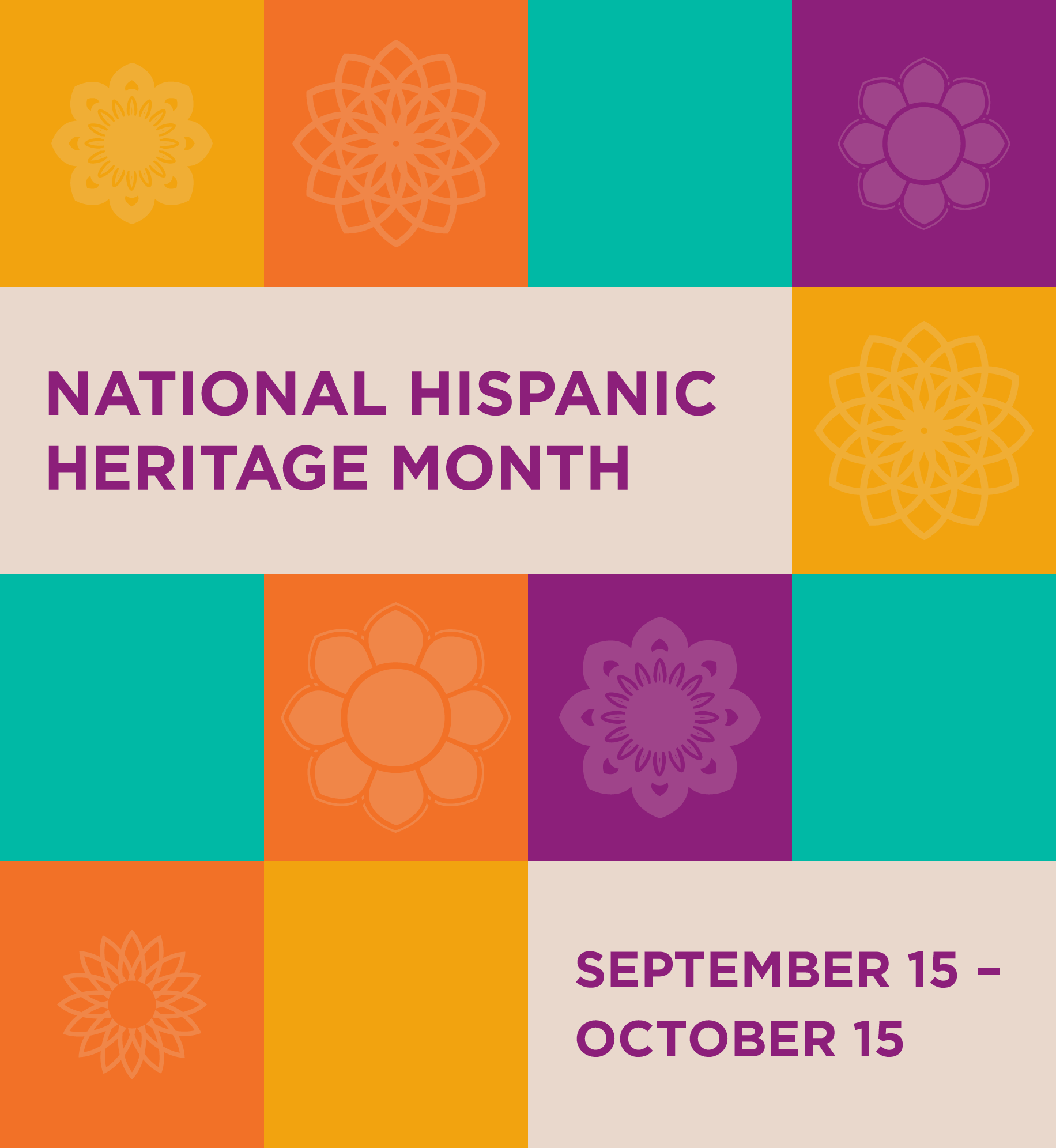 Multicolored tiles with flower illustrations. Text: National Hispanic Heritage month.