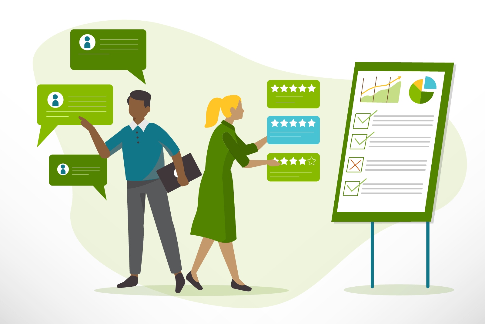 illustration of two people examining feedback