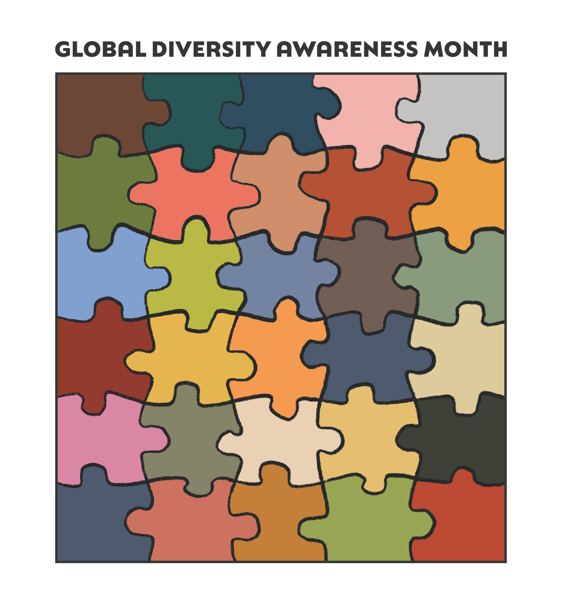Illustration of connected puzzle pieces. Text: Global Diversity Awareness Month.