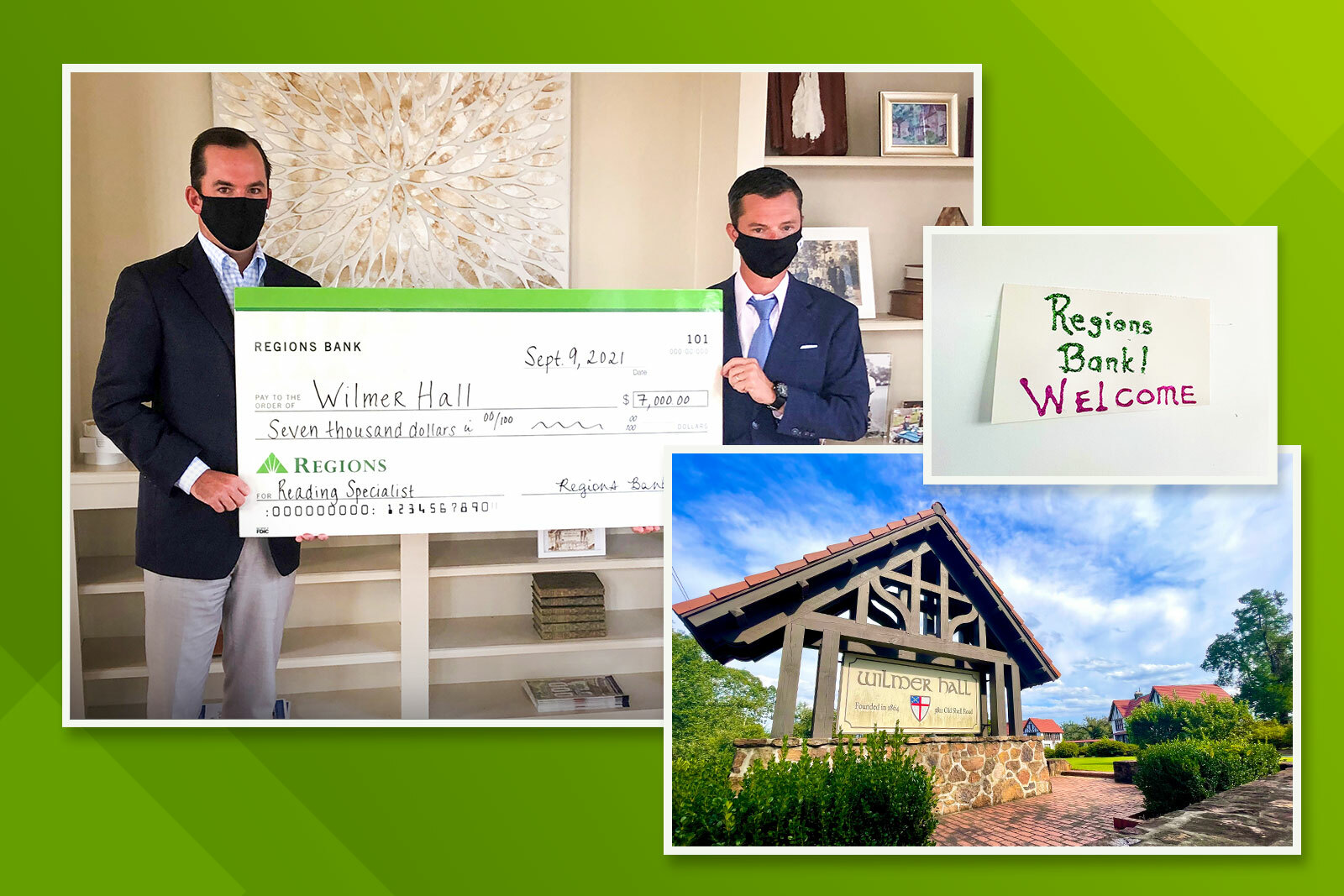 Photo collage of check presentation, Wilmer hall sign, and welcome...