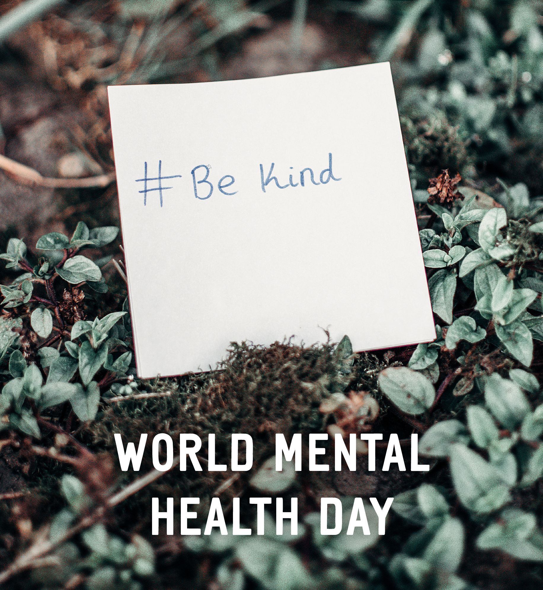 Note sitting in mossy foliage that reads "#Be Kind". Additional text: World Mental Health Day.