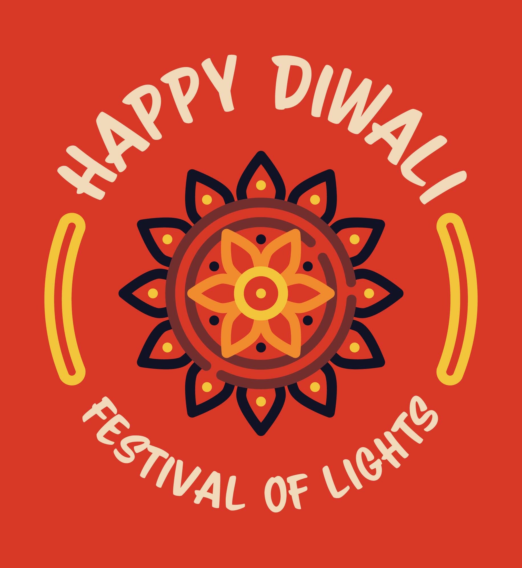 Rangoli illustration. Text: Happy Diwali. Festival of Lights.