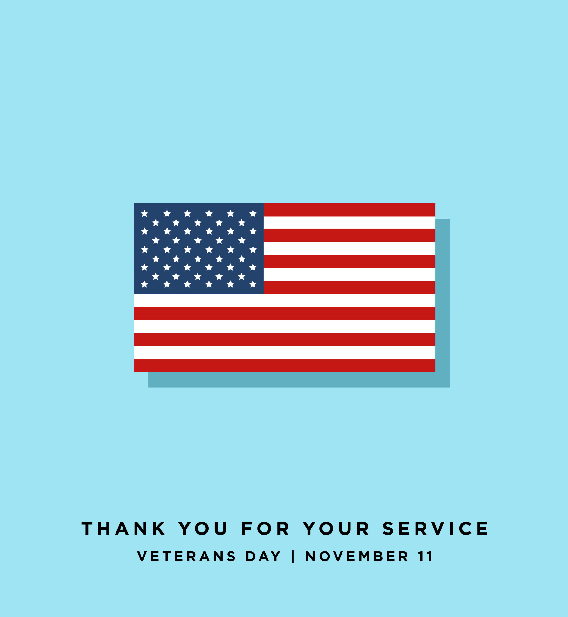 Illustration of American flag. Text: Thank you for your service. Veterans Day. November 11.