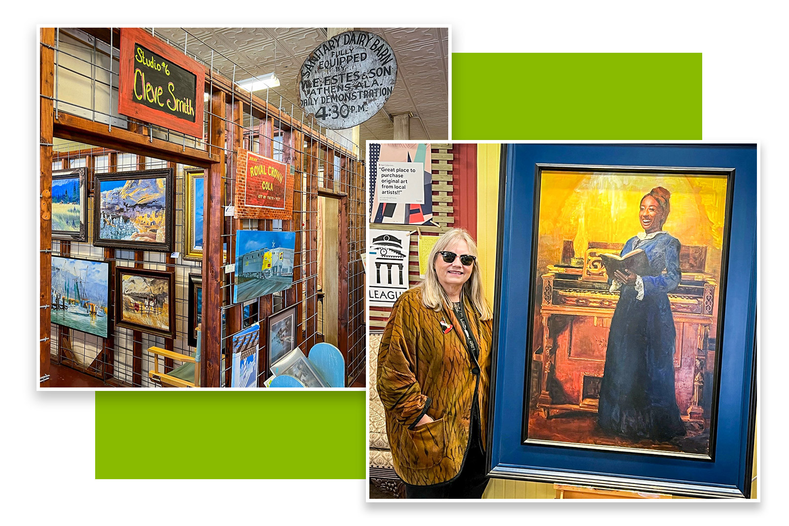 Photos of Athens Art League studio and gallery space, and Patti Malone's portrait