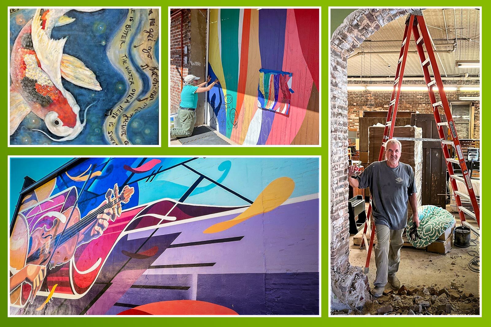 Photos of various murals alongside a photo of merchants ally...