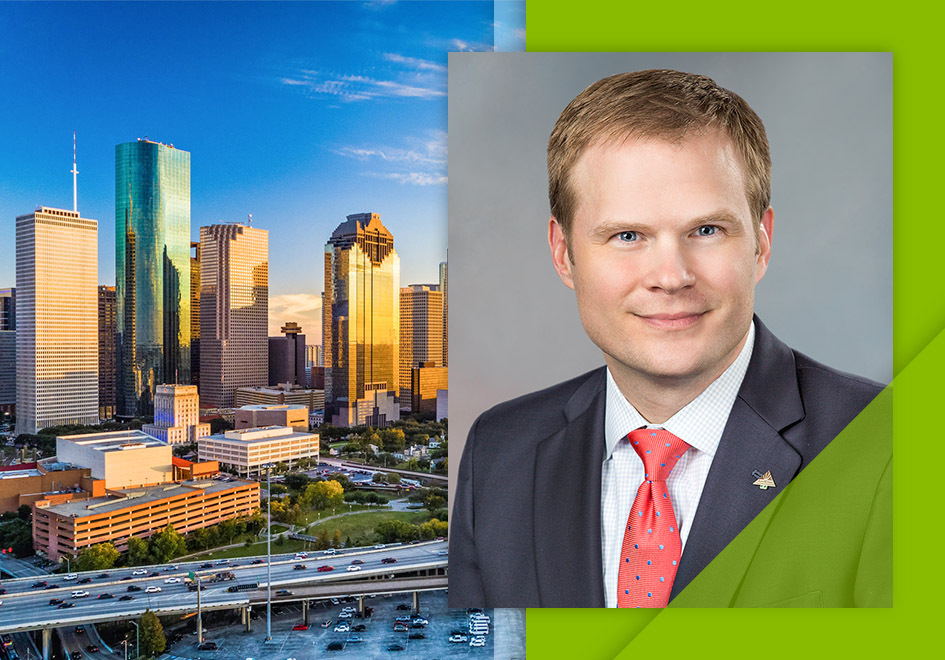 photo of Michael Pardue and the Houston skyline