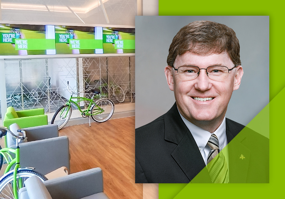 Photo of Corey McWhorter and inside of regions branch