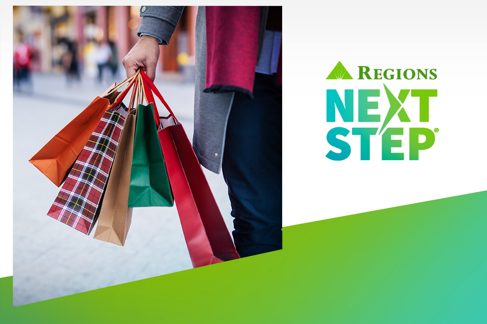 photo of man holding festive shopping bags alongside Regions Next...