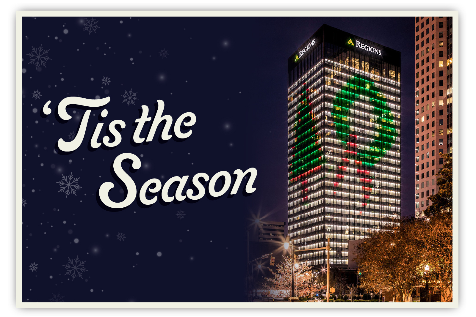 photo of Regions Center with Christmas lighting and text that...