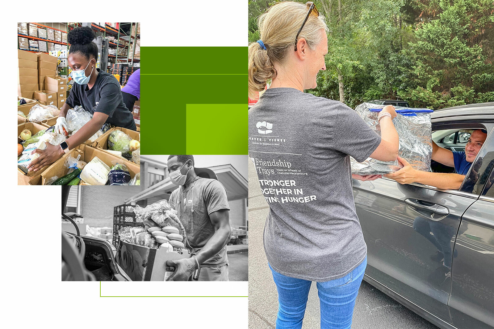 photos of Loaves and Fishes volunteers packing and delivering food. 