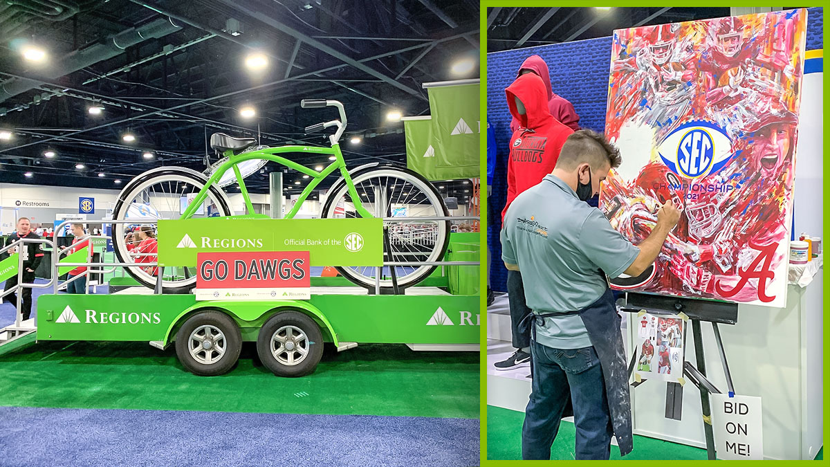 Photos of SEC party. Regions big bike and a man painting a canvas