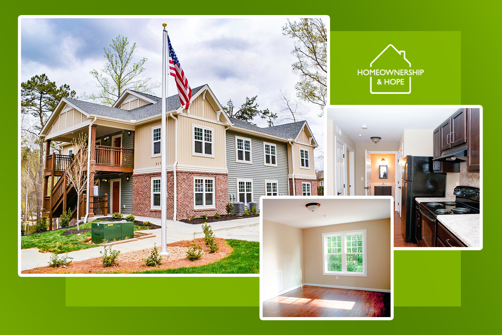 photos of housing exterior and interiors