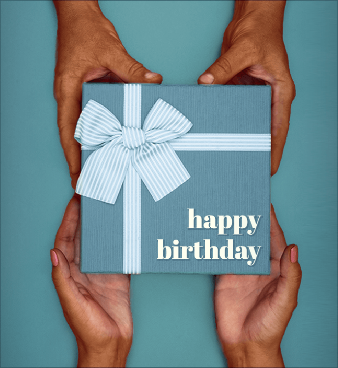 Hands holding a birthday gift box. Text: Happy Birthday.