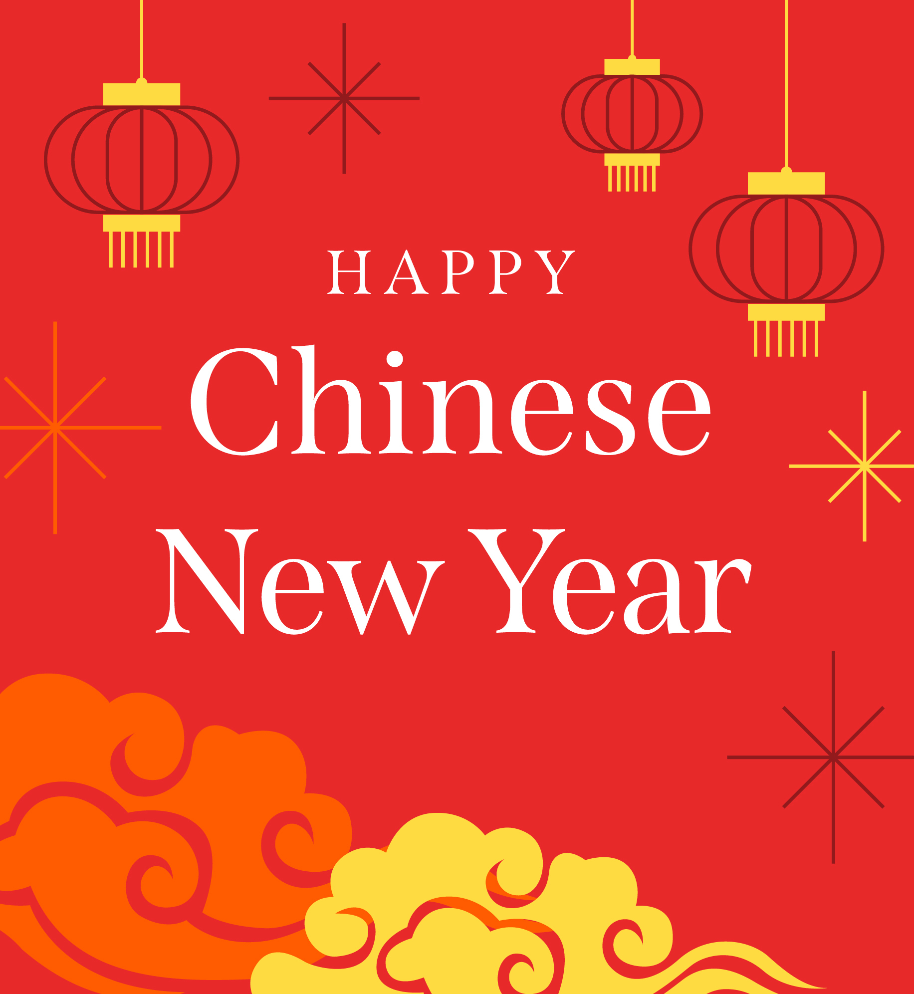 Illustration of lanterns. Text: Happy Chinese New Year.