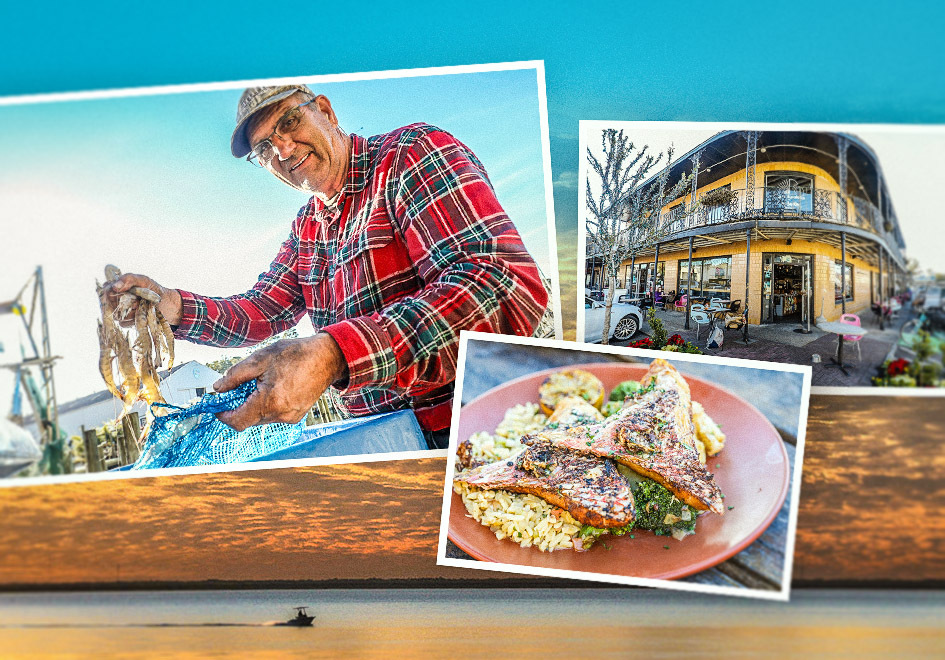 photo collage of food from Sunset Pointe, exterior of Page...