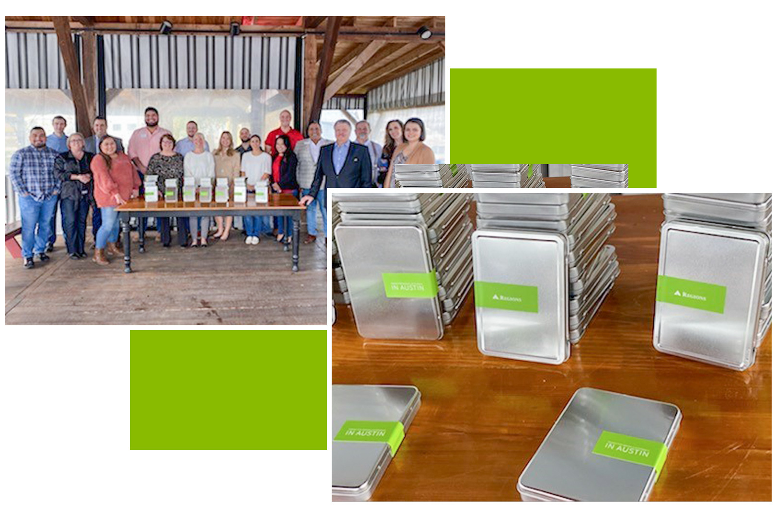 photo collage of Regions partners with gift packages and a closeup of the gifts. 