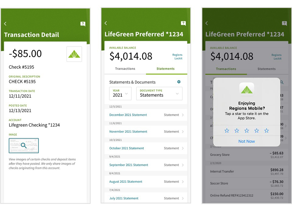 regions mobile app acreen showing check images, account information, and a pop up directing the customer to rate the app. 