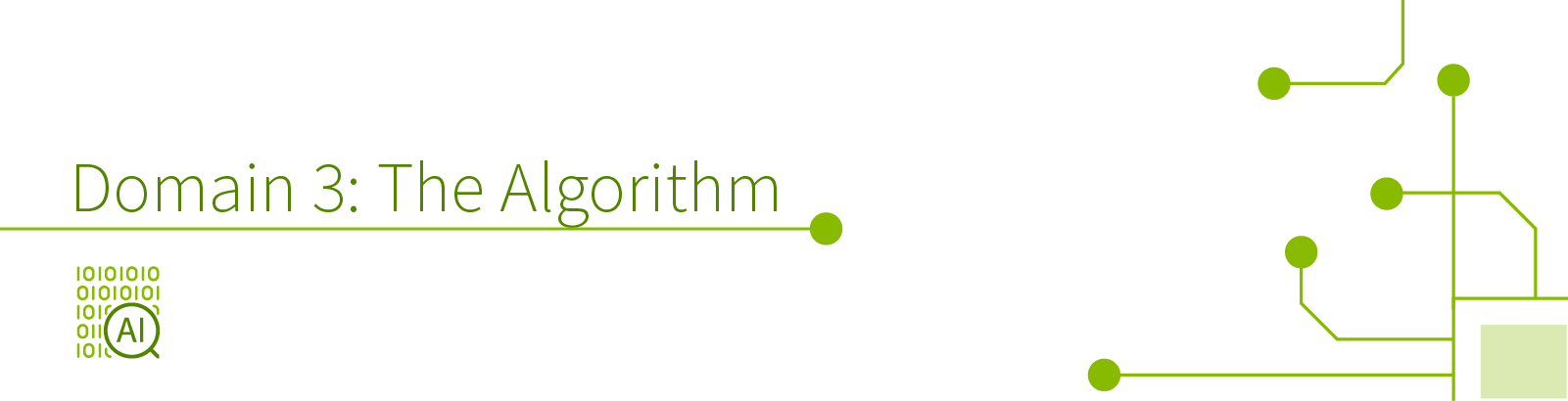 text that says Domain 3: The Algorithm, with an icon of a magnifying glass looking at binary code. circuit board elements are in the corner of the graphic