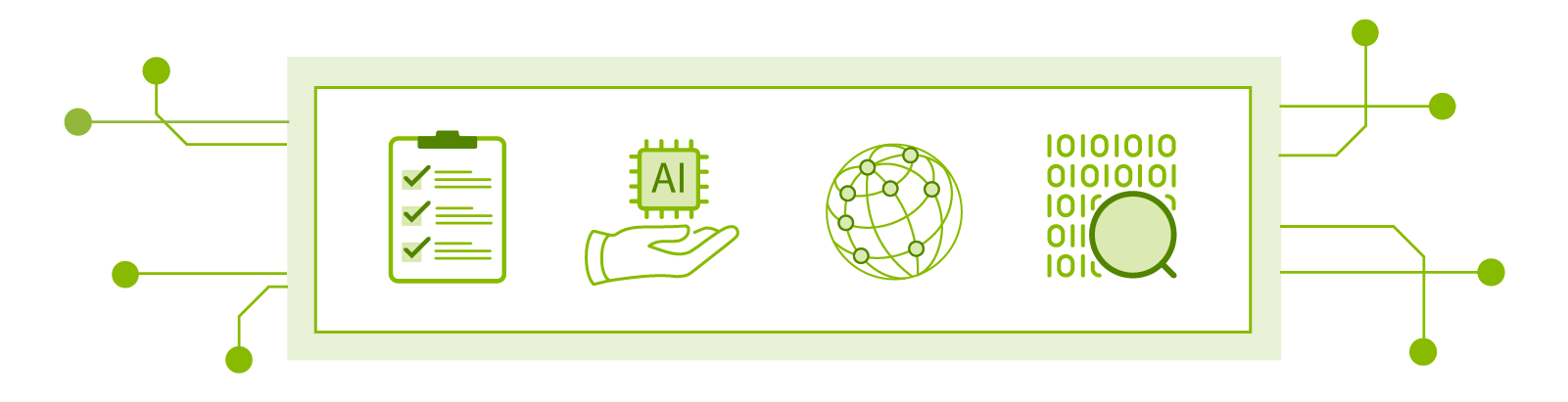 minimalit illustration of a circut board with icons in the center. The icons are, a checklist, a hand with an AI chip, global data network, and a magnifying glass looking at binary code