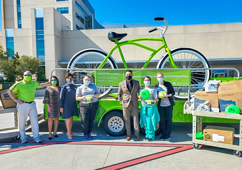 Regions big bike delivering meals to healthcare workers at Nemours Children’s Hospital